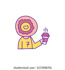 Cute donut character drink a cup of coffee, illustration for t-shirt, sticker, or apparel merchandise. With doodle, retro, and cartoon style.