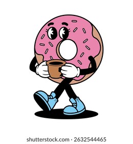 Cute Donut Character Drinking Coffee Illustration