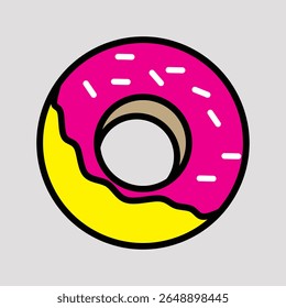 Personagem de donut bonito com glacê rosa brilhante, sorriso alegre e polvilhos brancos. Perfeito para marca de padaria, temas de lanches doces e conteúdo de alimentos divertidos