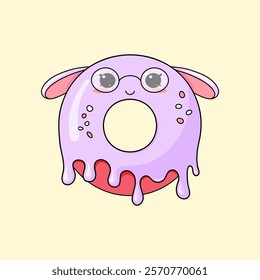 Cute donut character with happy emotions, face, smile, eyes and ears. Donut with glasses. Hand drawn Colorful flat vector illustration