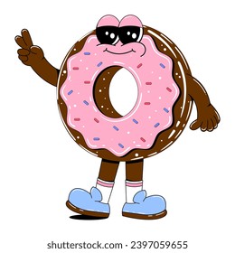 Cute donut character in retro cartoon style. Vector illustration of a sweets mascot with arms, legs and a cheerful face on a white isolated background.