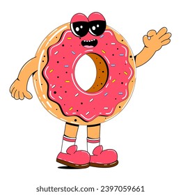 Cute donut character in retro cartoon style. Vector illustration of a sweets mascot with arms, legs and a cheerful face on a white isolated background.