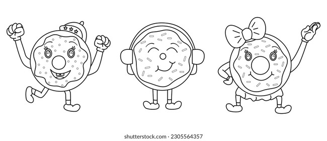 Cute donut characters. Black and white cartoon vector illustration for coloring book. 