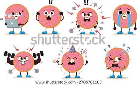 Cute donut characters with expressive emotions — from sadness and confusion to anger, stress and joyful celebration.