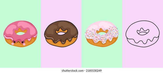 Cute Donut Clipart for Coloring Page and Illustration. Happy Clip Art Food. Vector Illustration of a Kawaii Sweets for Stickers, Prints for Clothes, Baby Shower, Coloring Pages.
