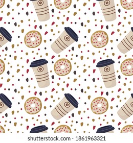 Cute donut with coffee. Background for kitchen textiles. Cafe restaurant sweet menu. Beautiful combination of coffee mugs: Latte, Americano, espresso, Matcha, Black with caramel bun. Seamless isolated