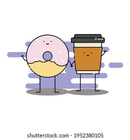 Cute donut and coffee hold hand Illustration. modern simple food vector icon, flat graphic symbol in trendy flat design style. Food character.