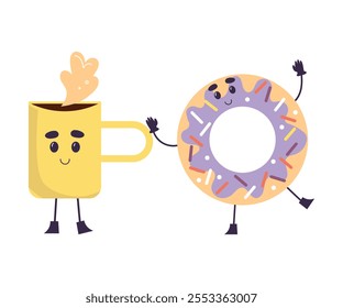 Cute Donut and Coffee Mug Product with Smiling Face and Legs Vector Illustration