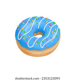 The cute donut with colorful sprinkles, blue glaze, and white chocolate. Clipart vector illustration.