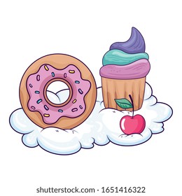 cute donut with cupcake and cherry in cloud vector illustration design