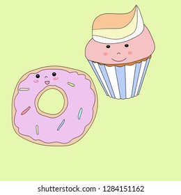Cute donut and cupcake in kawaii style with smiling faces