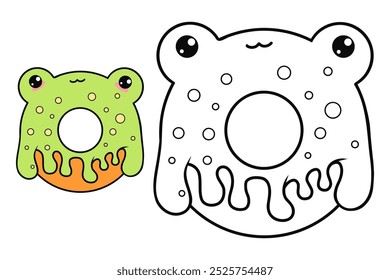 Donut donut rana linda con gotas de esmalte verde. Aislado de color y contorno de trazo divertido personaje de dibujos animados kawaii comida dulce. Dibujo de líneas, libro para colorear. Ilustración vectorial. Colección de niños.