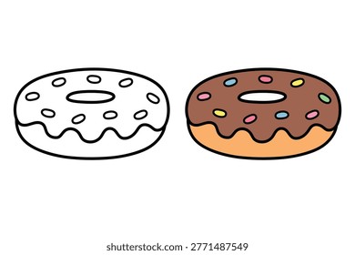 Cute Donut with Glaze and Sprinkles Coloring Page for Kids and Adults. Sweet Donut with Sprinkles Coloring Page. Cute Glazed Donut with Sprinkles Coloring Page, Icon, Clip Art, Element, Vector Illustration in Flat Style. Simple Donut with Sprinkles Coloring Page for Kids. Black and White Line Art with Simple Outlines Sweet Dessert Themes, Easy and Fun to Color.