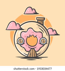 Cute donut house hand drawn vector illustration suitable for stickers, t shirt, totebags, hat, and poster design