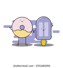 Cute donut and ice cream hold hand Illustration. modern simple food vector icon, flat graphic symbol in trendy flat design style. Food character.