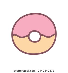 Cute donut icon. Hand drawn illustration of a doughnut with pink glaze isolated on a white background. Kawaii sticker. Vector 10 EPS.