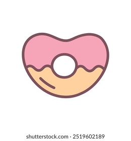 Ícone de rosquinha bonito. Ilustração desenhada à mão de uma rosquinha em forma de coração com esmalte rosa isolado em um fundo branco. Dia de São Valentim de Kawaii. Vetor 10 EPS.