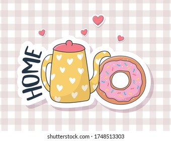 lindo donut y kettle amores de las tarjetas pegatinas o parches decoración caricatura ilustración vectorial