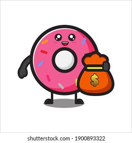 süße Donut-Maskottchen mit einer Tasche voll Geld, süßer Donut-Charakter auf weißem Hintergrund, Vektorgrafik eps10