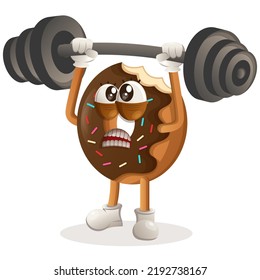 Cute donut mascot bodybuilding with barbell flexing muscles. Perfect for food store, small business or e-Commerce, merchandise and sticker, banner promotion, food review blog or vlog channel