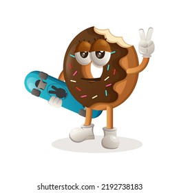 Cute donut mascot carrying a skateboard. Perfect for food store, small business or e-Commerce, merchandise and sticker, banner promotion, food review blog or vlog channel