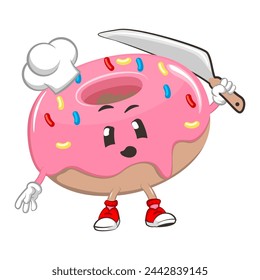 cute donut mascot character vector illustration carrying a large dinner knife