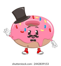 lindo donut mascota personaje ilustración vectorial con bigote y el uso de sombrero largo