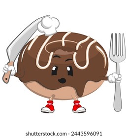 cute donut mascot character vector illustration wearing chef hat also carrying a fork and knife