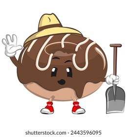 cute donut mascot character vector illustration with a hat of a shovel