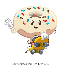 lindo donut mascota personaje Ilustración vectorial saltando con una patineta