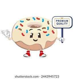 cute donut mascot character vector illustration showing a board that says premium quality
