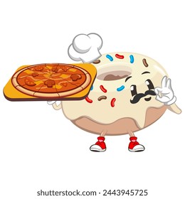 cute donut mascot character vector illustration being a pizza chef
