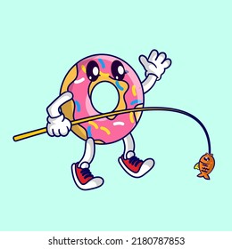 Cute donut mascot fising a fish