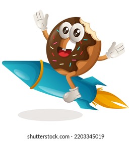 Cute donut mascot flying on rocket. Perfect for food store, small business or e-Commerce, merchandise and sticker, banner promotion, food review blog or vlog channel
