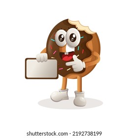 Cute donut mascot holding billboards for sale, sign board. Perfect for food store, small business or e-Commerce, merchandise and sticker, banner promotion, food review blog or vlog channel