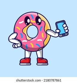 Cute donut mascot holding smartphone