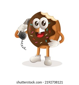 Cute donut mascot pick up the phone, answering phone calls. Perfect for food store, small business or e-Commerce, merchandise and sticker, banner promotion, food review blog or vlog channel