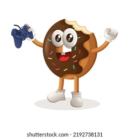 Cute donut mascot playing videogame with holding joystick. Perfect for food store, small business or e-Commerce, merchandise and sticker, banner promotion, food review blog or vlog channel