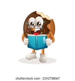 Cute donut mascot reading a book. Perfect for food store, small business or e-Commerce, merchandise and sticker, banner promotion, food review blog or vlog channel