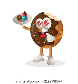 Cute donut mascot serving desserts, waiters. Perfect for food store, small business or e-Commerce, merchandise and sticker, banner promotion, food review blog or vlog channel