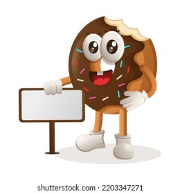 Cute donut mascot standing next to a billboard. Perfect for food store, small business or e-Commerce, merchandise and sticker, banner promotion, food review blog or vlog channel
