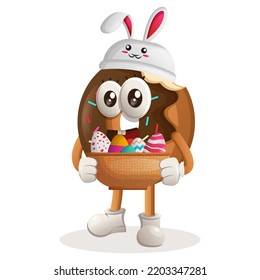 Cute donut mascot wearing the bunny cap with holding easter egg in basket. Perfect for food store, small business or e-Commerce, merchandise and sticker, banner promotion, food review blog channel
