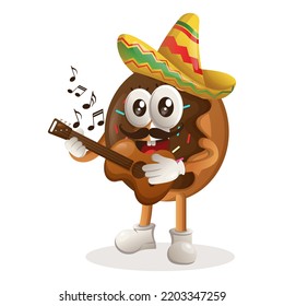 Cute donut mascot wearing mexican hat with playing guitar. Perfect for food store, small business or e-Commerce, merchandise and sticker, banner promotion, food review blog or vlog channel
