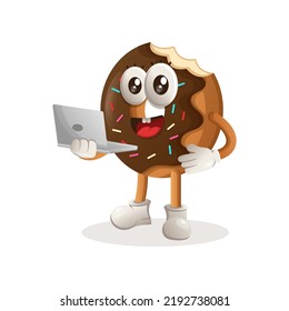 Cute donut mascot working using a laptop. Perfect for food store, small business or e-Commerce, merchandise and sticker, banner promotion, food review blog or vlog channel