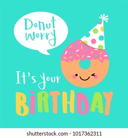 Cute donut with party hat illustration for birthday card design