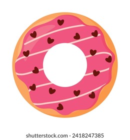 Cute Donut with Pink Glaze and Heart Love Sprinkles Vector Illustration Food Bakery Doodle for Valentines Day Dessert Food Isolated on White Background