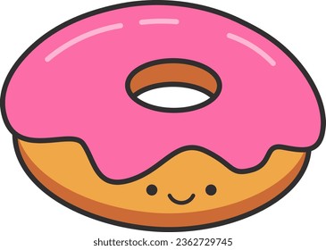 Cute donut with pink glaze on white background. Vector illustration.