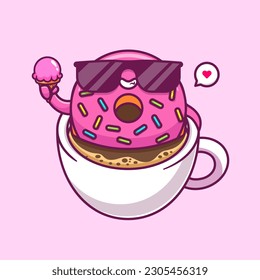 Cute Donut Relaxing In Coffee With Ice Cream Cone Cartoon Vector Icon Illustration. Food Drink Icon Concept Isolated Premium Vector. Flat Cartoon Style