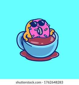 Cute Donut Relaxing On Coffee Vector Icon Illustration. Food And Drink Icon Concept Isolated Premium Vector. Flat Cartoon Style 