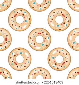 Cute donut seamless pattern. Vector illustration. Food icon concept. Flat cartoon style.